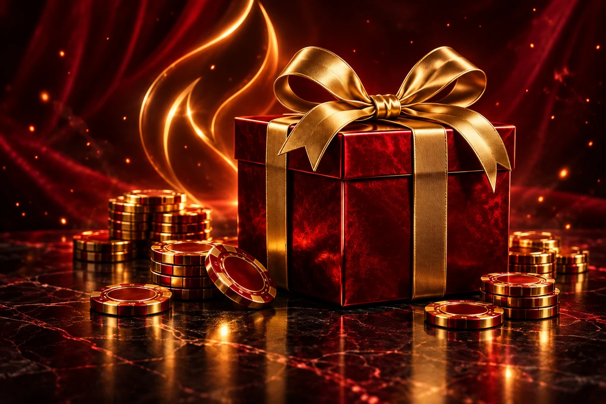 Rode FieryPlay geschenkbox met gouden lint en fiches